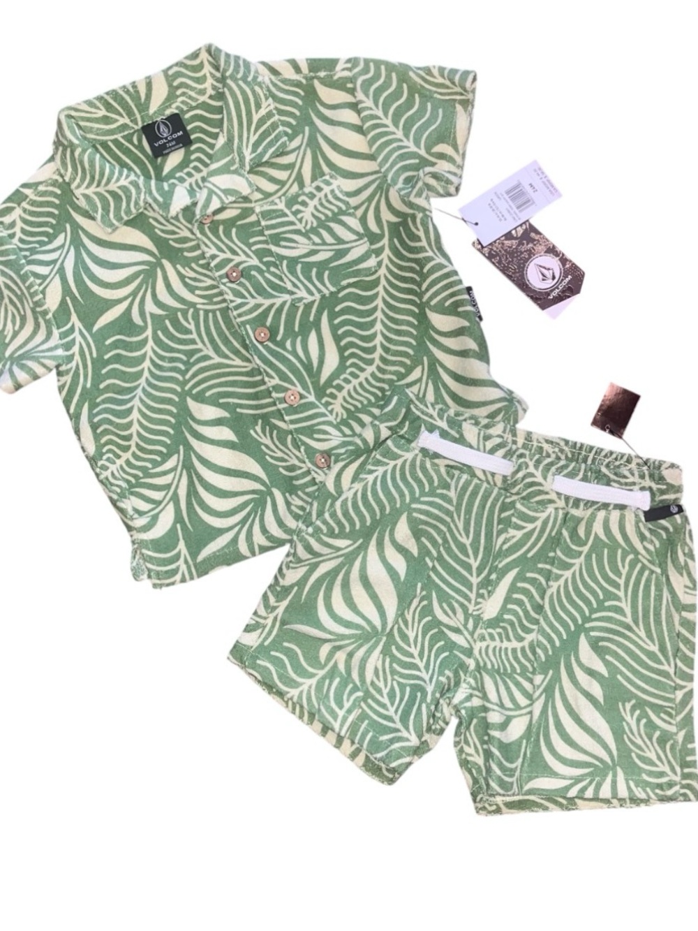 Volcom Green Yellow Blue Palm Collar Button Shirt Shorts Set NWT 24 Months Terry